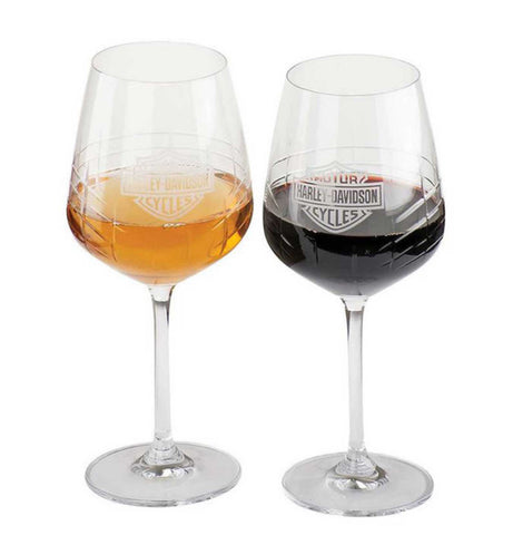 Harley Davidson Crystal Wine Glass Set Frosted B&S Logo Set of Two 20 oz. HDL-18816