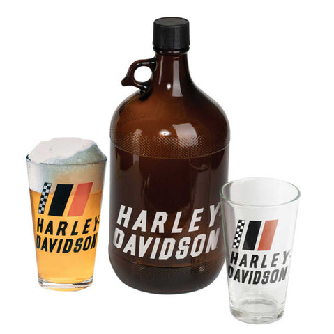 Harley Davidson Racing Stripe Amber Glass Growler Set Includes Two Pint Glasses HDL-18818