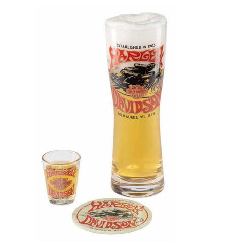 Harley Davidson 1970s Racer Pilsner & Shot Glass Gift Set w/Matching Tin Coaster HDL-18822