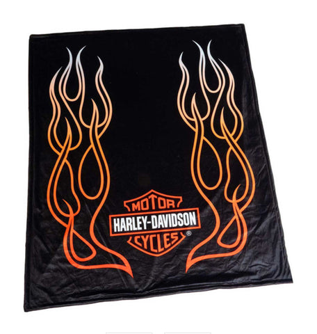 Harley Davidson Flames Bar & Shield Fleece Blanket w/ Sherpa Backing Black HDL-19508