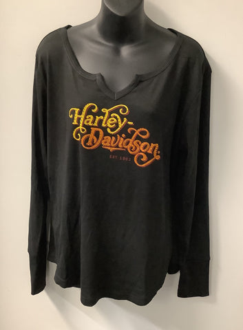 Harley Davidson Women's Retro Swirls V-Notch Long Sleeve Shirt Black 402911210