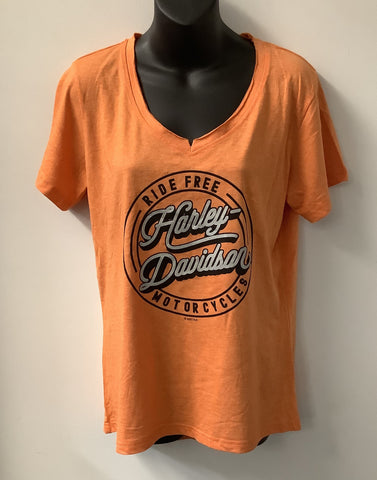 Harley Davidson Women's Heavy Script Short Sleeve V-Neck Shirt Orange 402911060
